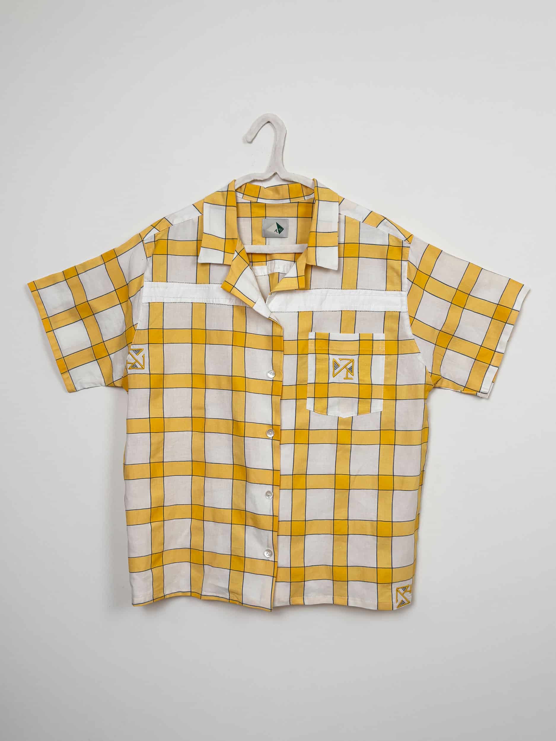 Yellow checked cotton short-sleeved shirt