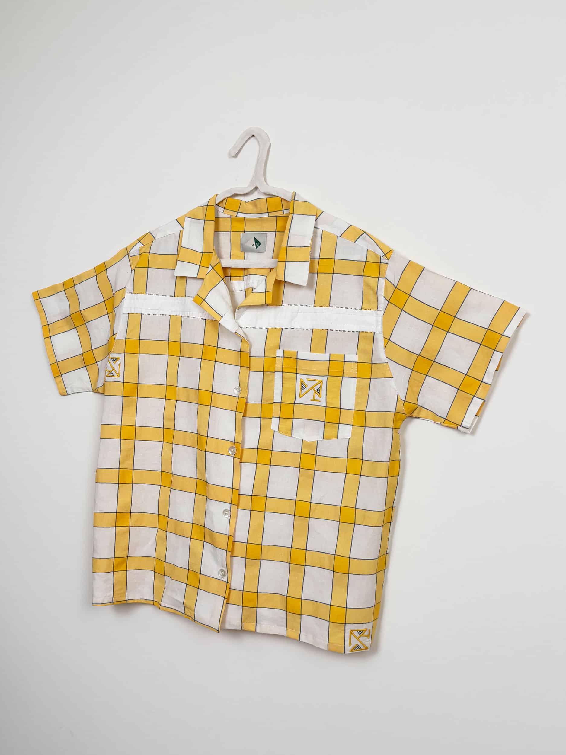 Yellow checked cotton short-sleeved shirt