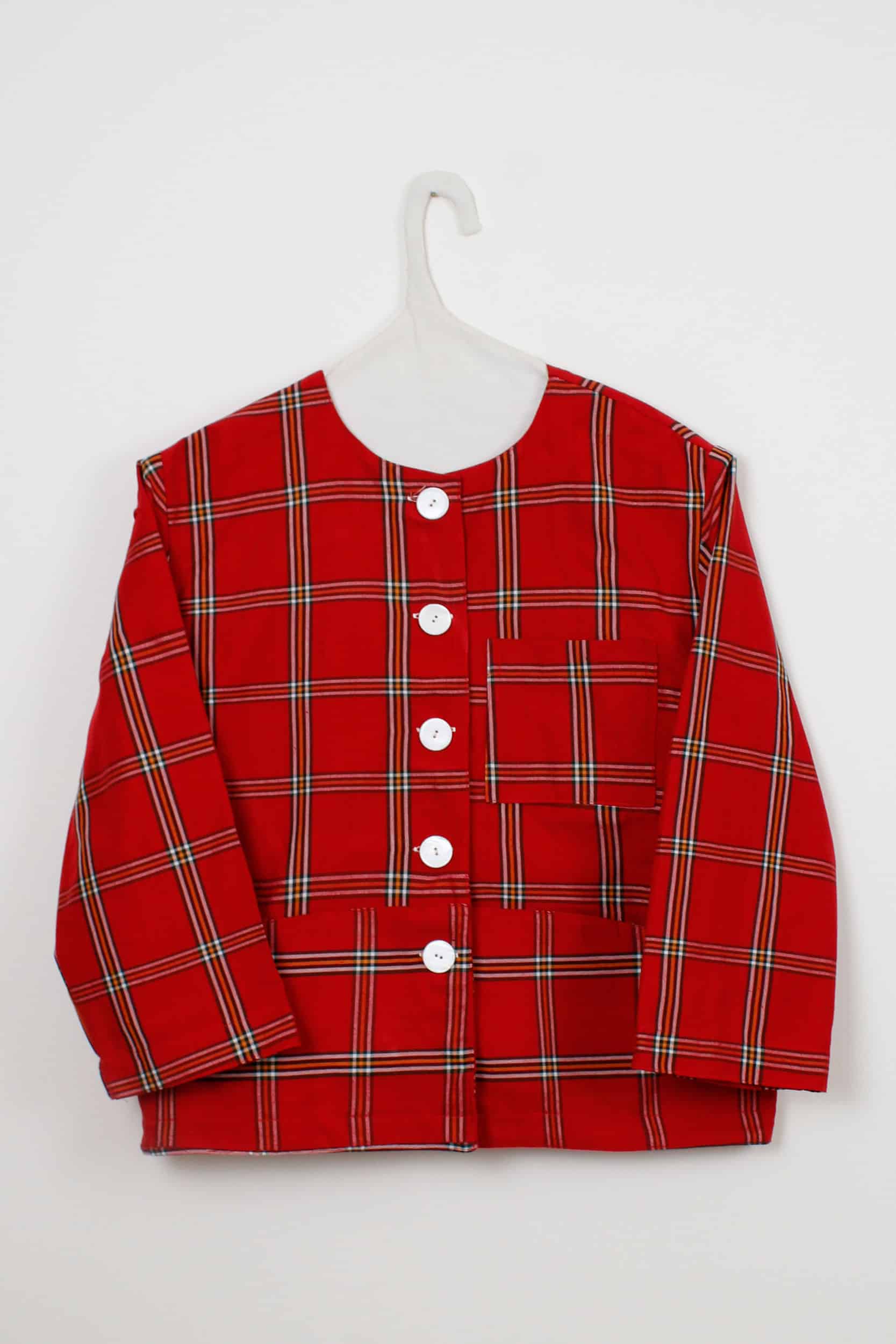 Red checked square pockets jacket