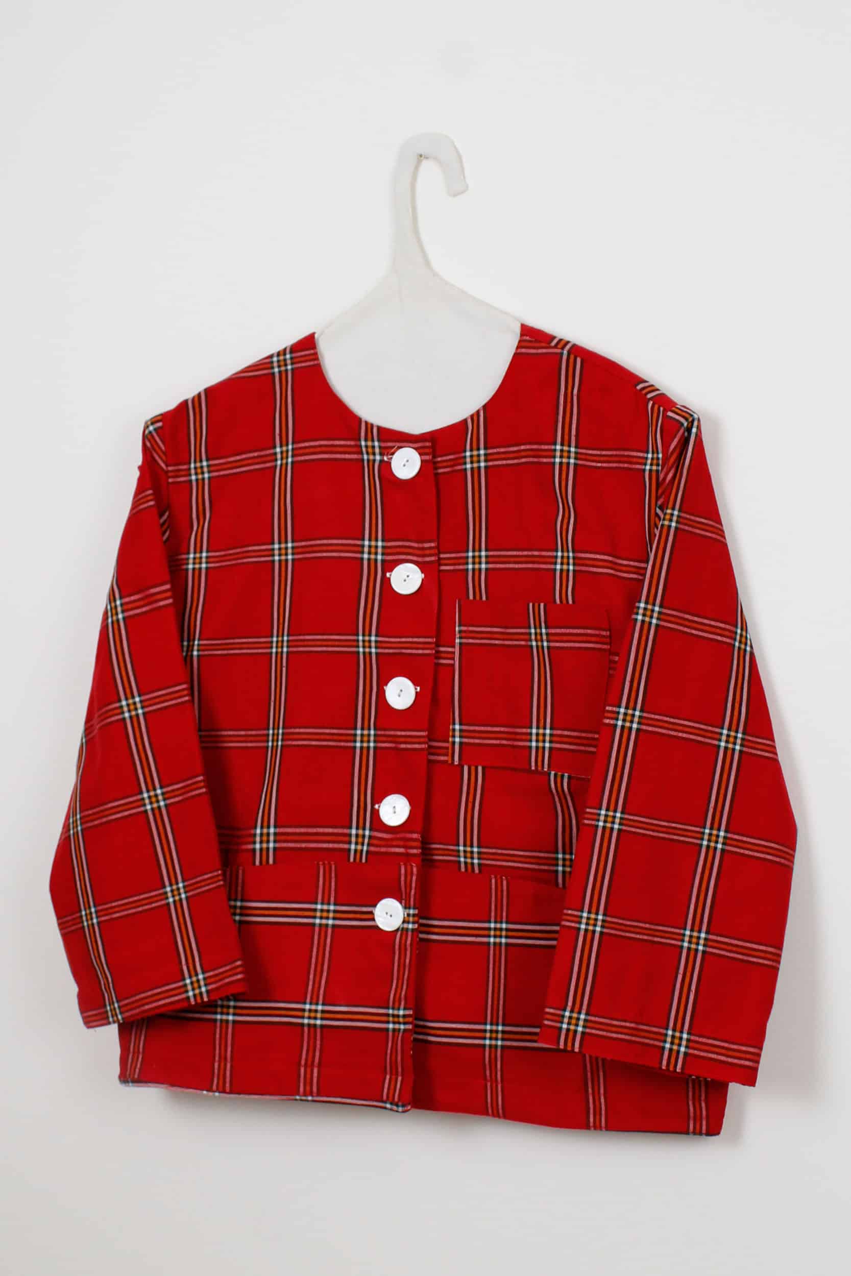 Red checked square pockets jacket