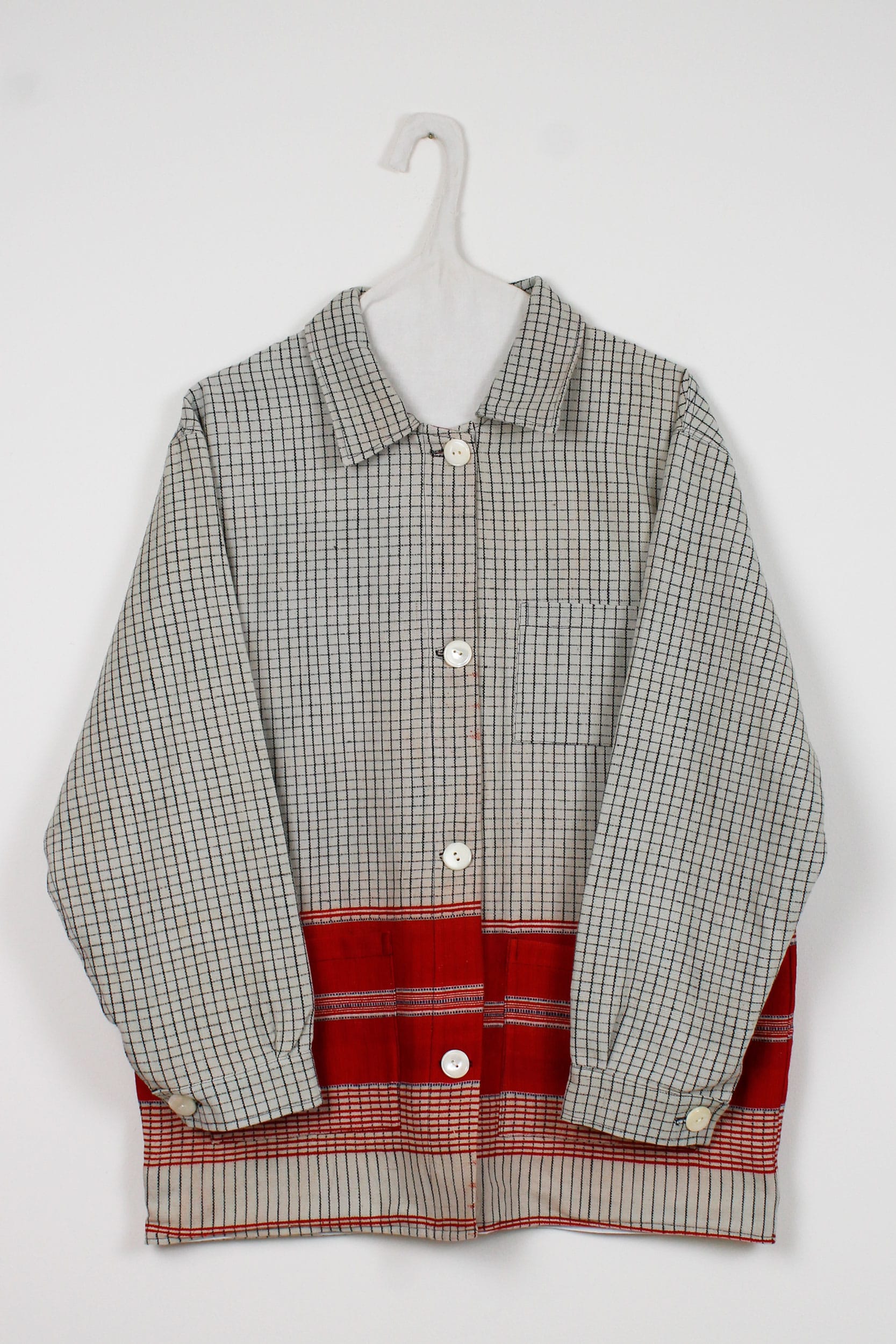 Grey & red plaid long jacket