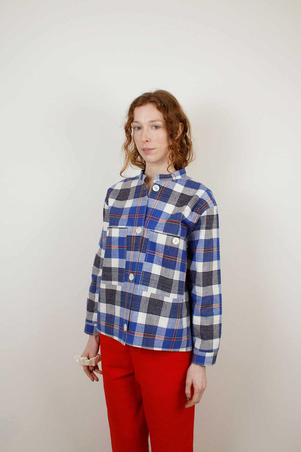 Blue checked mao collar jacket