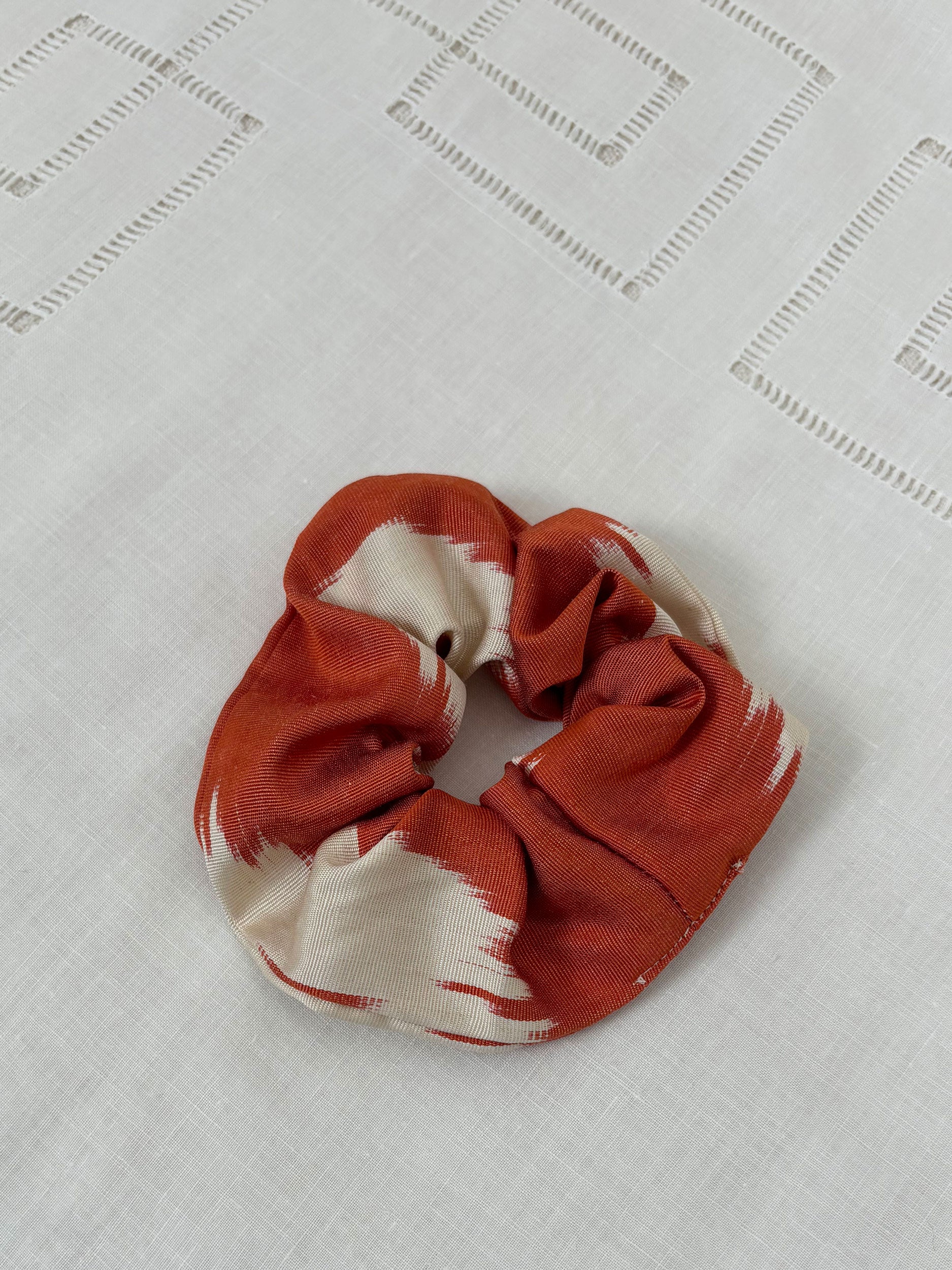 Orange & beige silk scrunchie