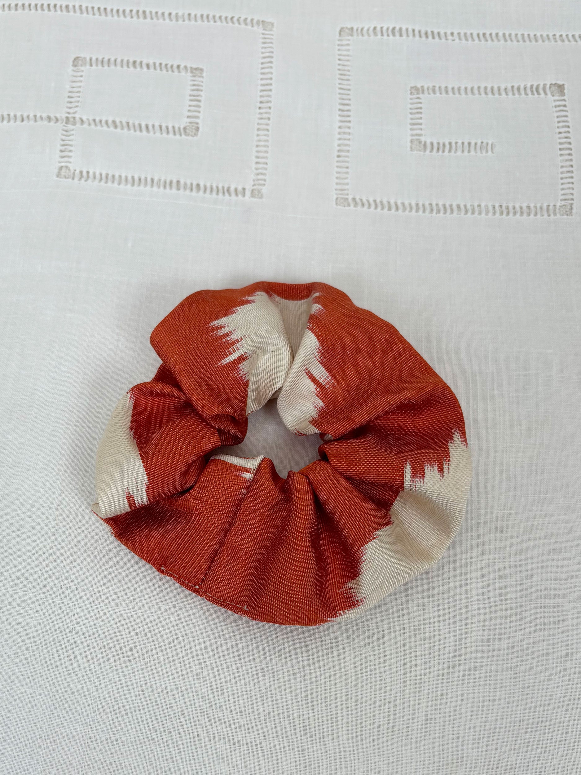 Orange & beige silk scrunchie