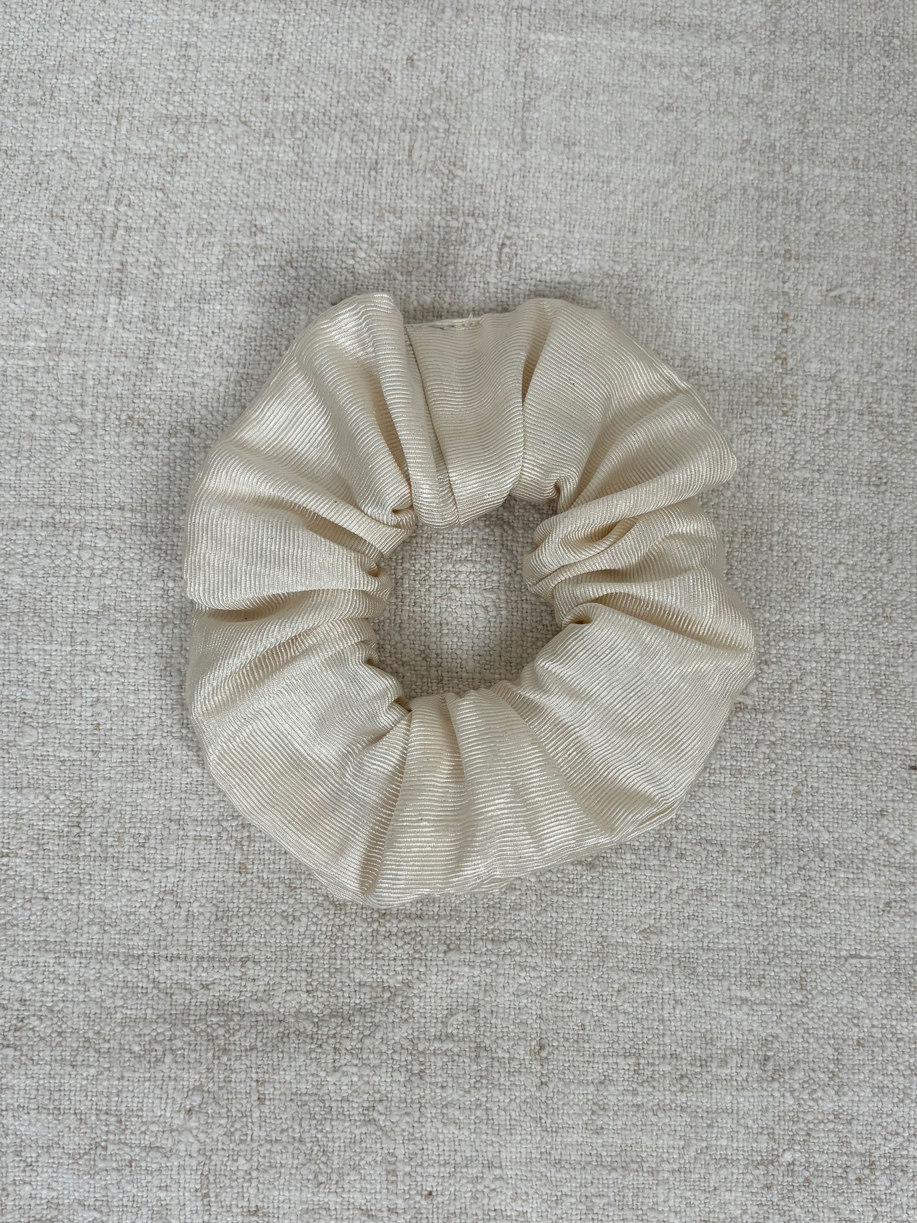 Glossy white silk scrunchie
