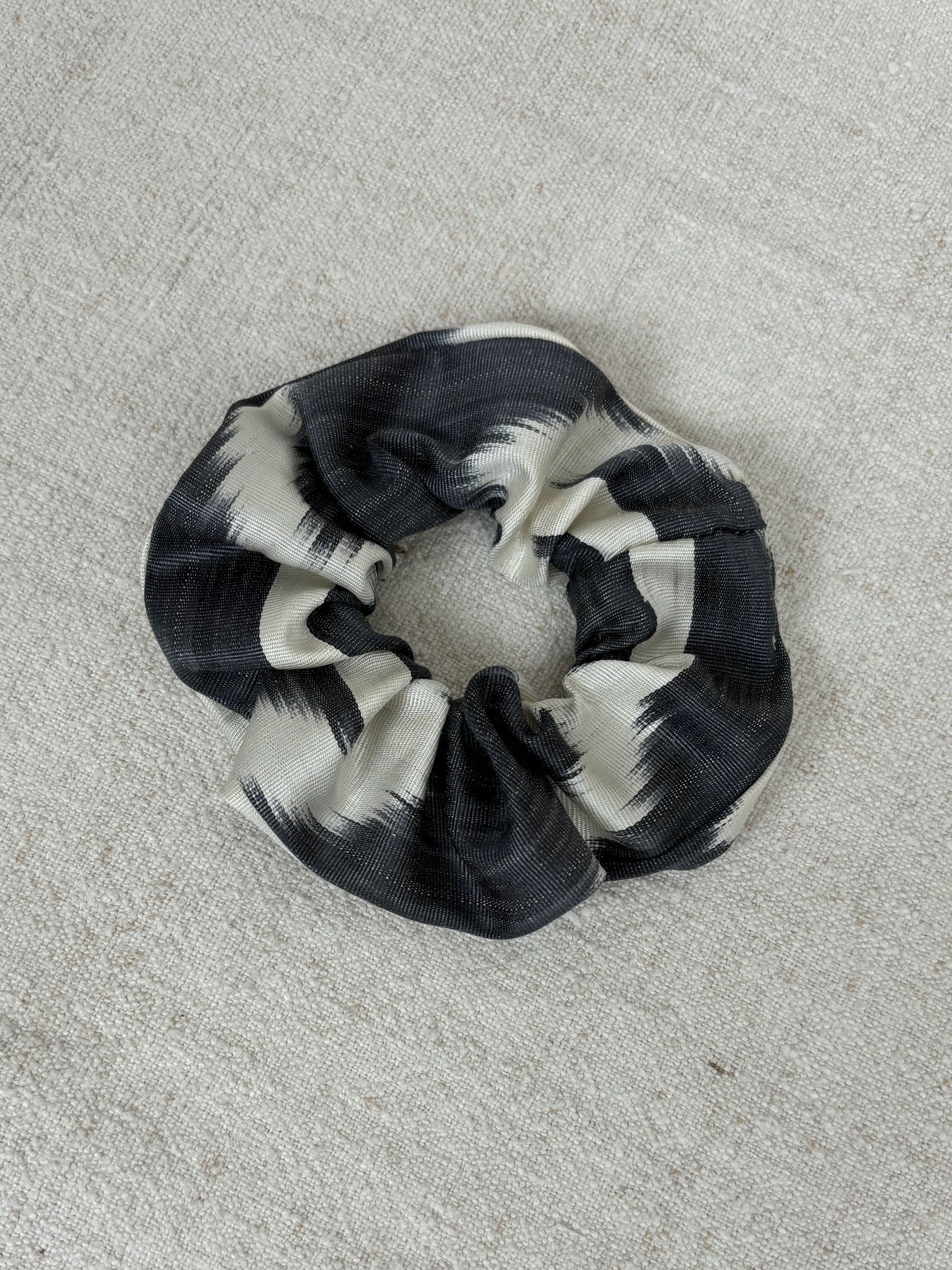 Glossy black & white silk scrunchie