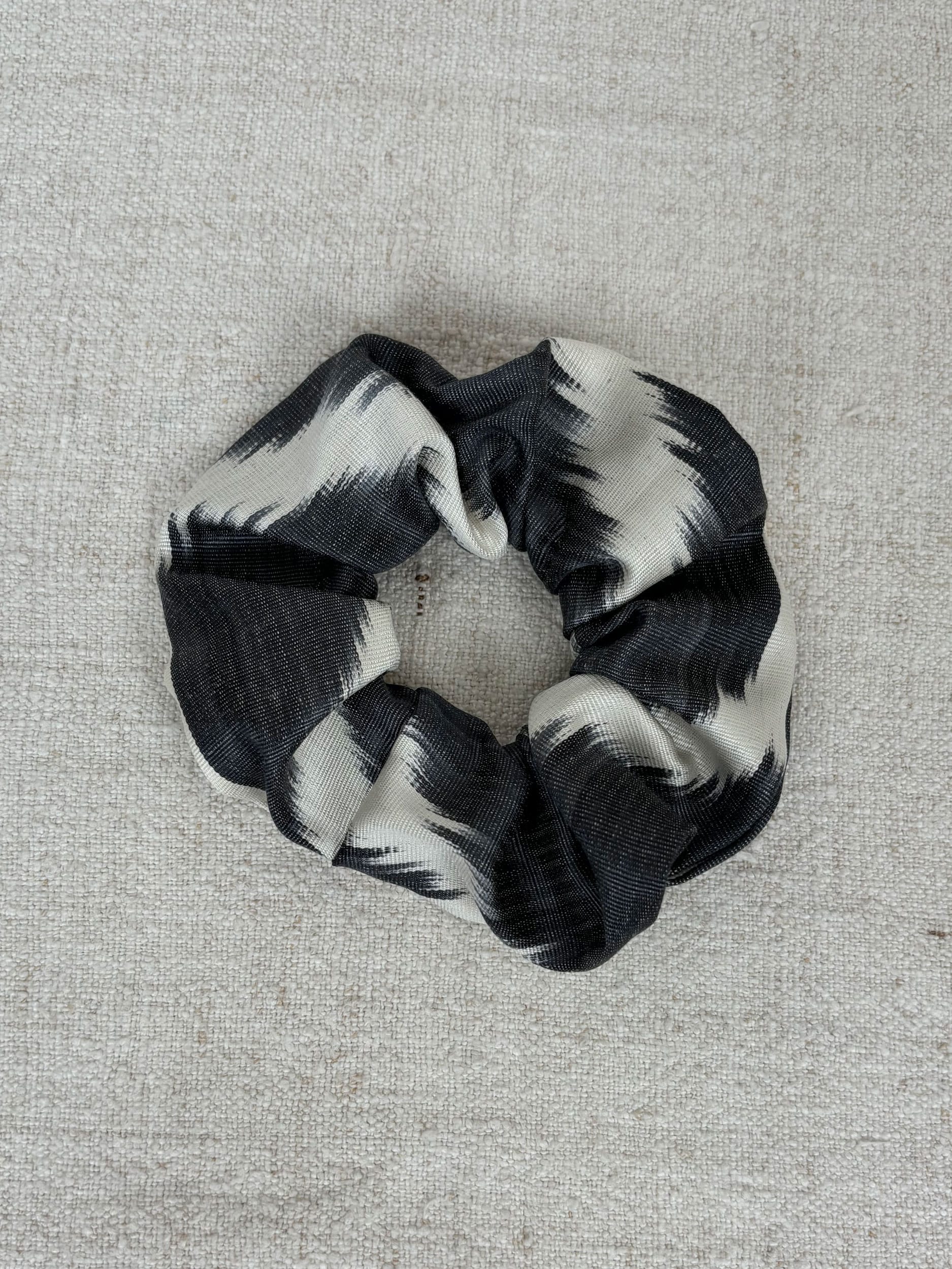 Glossy black & white silk scrunchie